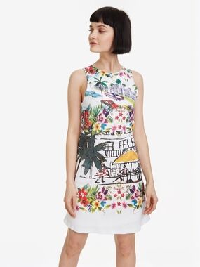 Desigual Anna Tropical Havana Print Textured Shift Dress Small
